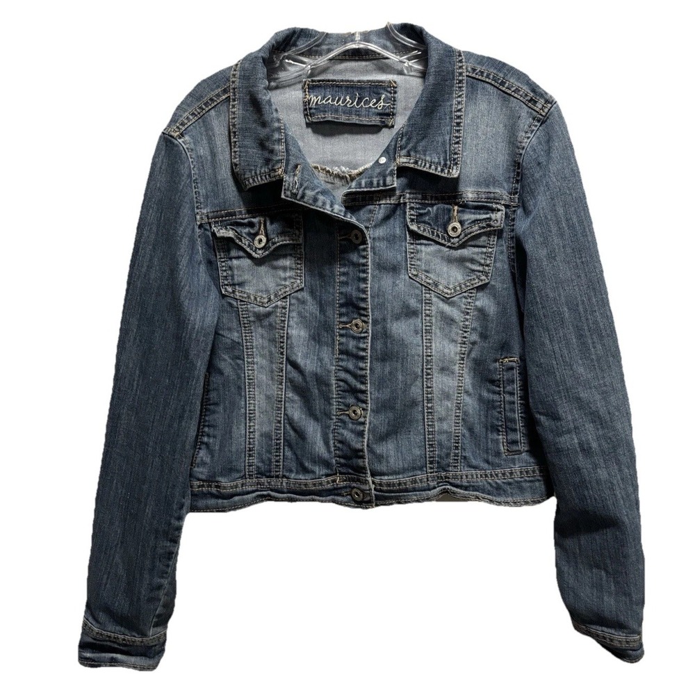 Maurices Med Wash Semi Crop Button Up Denim Jean Jacket Size XL Pockets